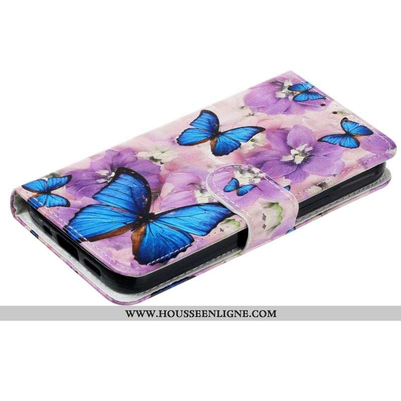 Housse iPhone 15 Petits Papillons Bleus à Lanière