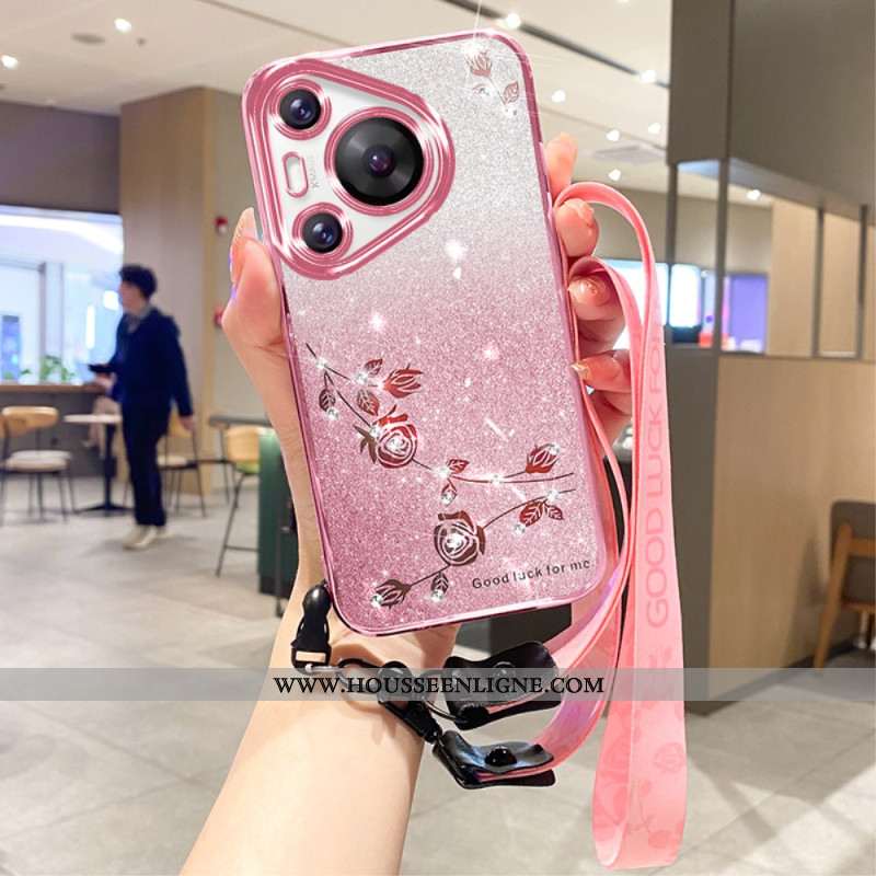 Coque Huawei Pura 70 Pro Fleurs et Strass avec Lanière