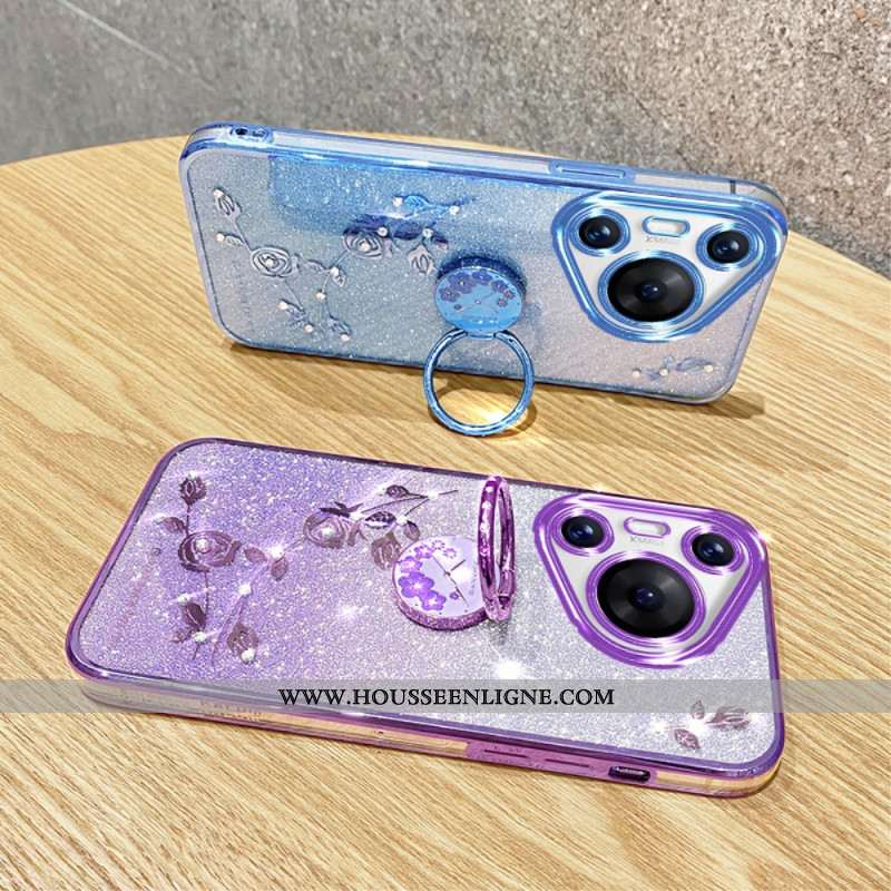 Coque Huawei Pura 70 Pro Fleurs et Strass avec Support KADEM