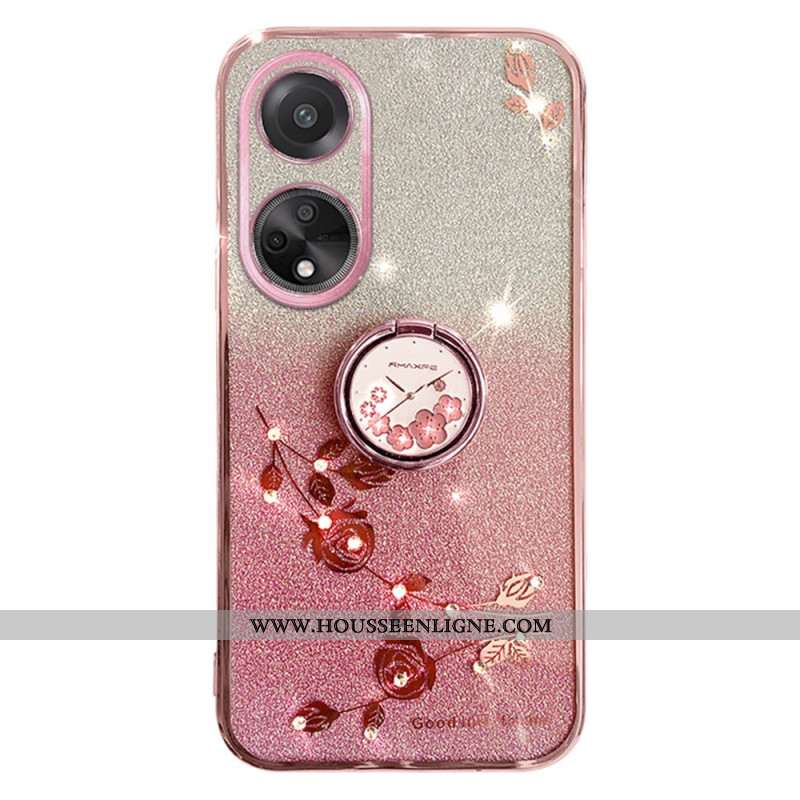 Coque Oppo A98 5G Anneau-Support Fleurs et Strass