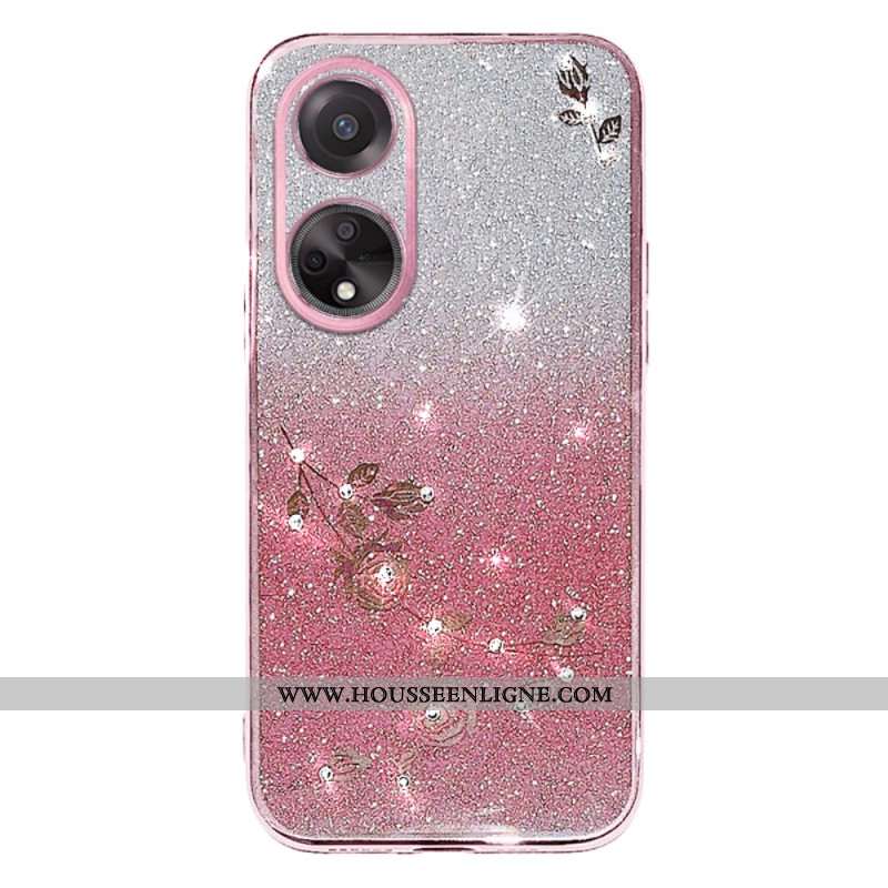 Coque Oppo A98 5G Fleurs et Strass à Lanière KADEM