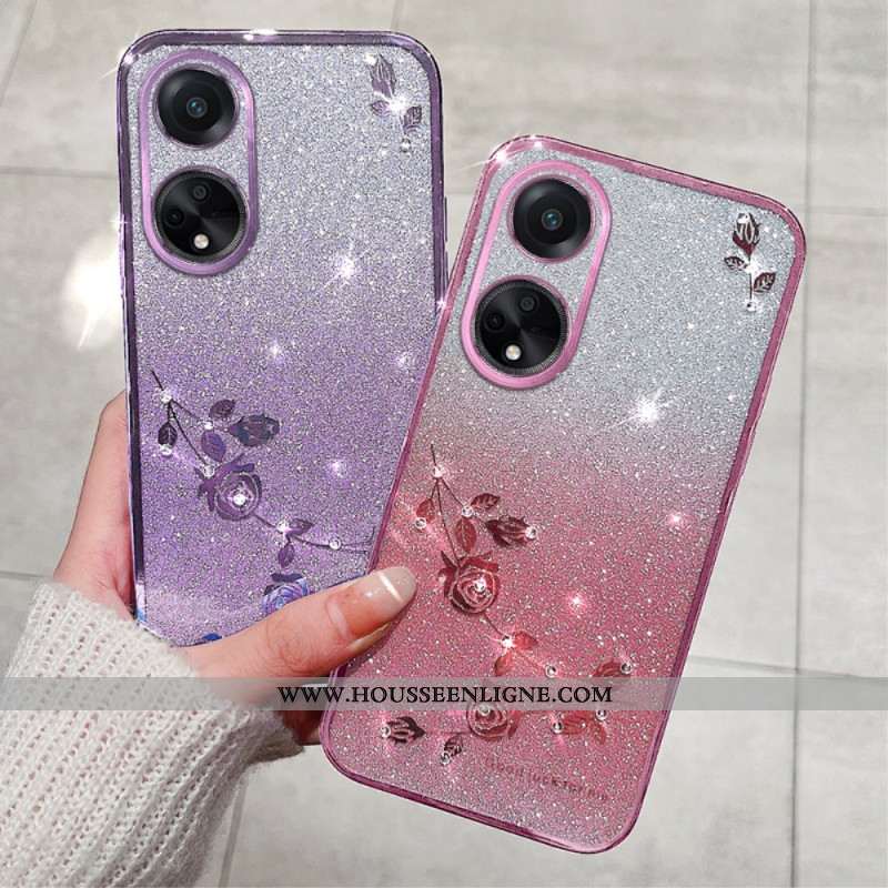 Coque Oppo A98 5G Fleurs et Strass à Lanière KADEM