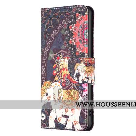 Coque Portefeuille avec Motif pour iPhone 16 Plus - Fleur et Éléphant