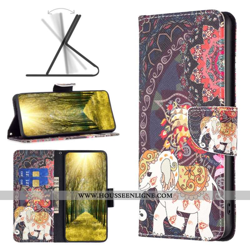 Coque Portefeuille avec Motif pour iPhone 16 Plus - Fleur et Éléphant