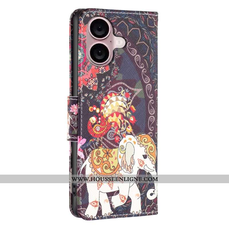 Coque Portefeuille avec Motif pour iPhone 16 Plus - Fleur et Éléphant