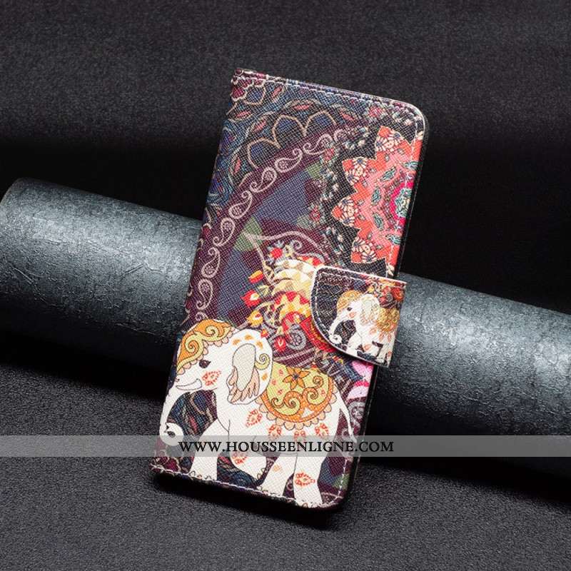 Coque Portefeuille avec Motif pour iPhone 16 Plus - Fleur et Éléphant