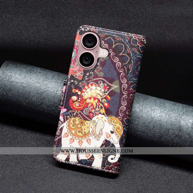 Coque Portefeuille avec Motif pour iPhone 16 Plus - Fleur et Éléphant