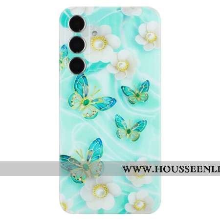 Coque Samsung Galaxy S24 FE Fleurs Blanches et Papillons Verts