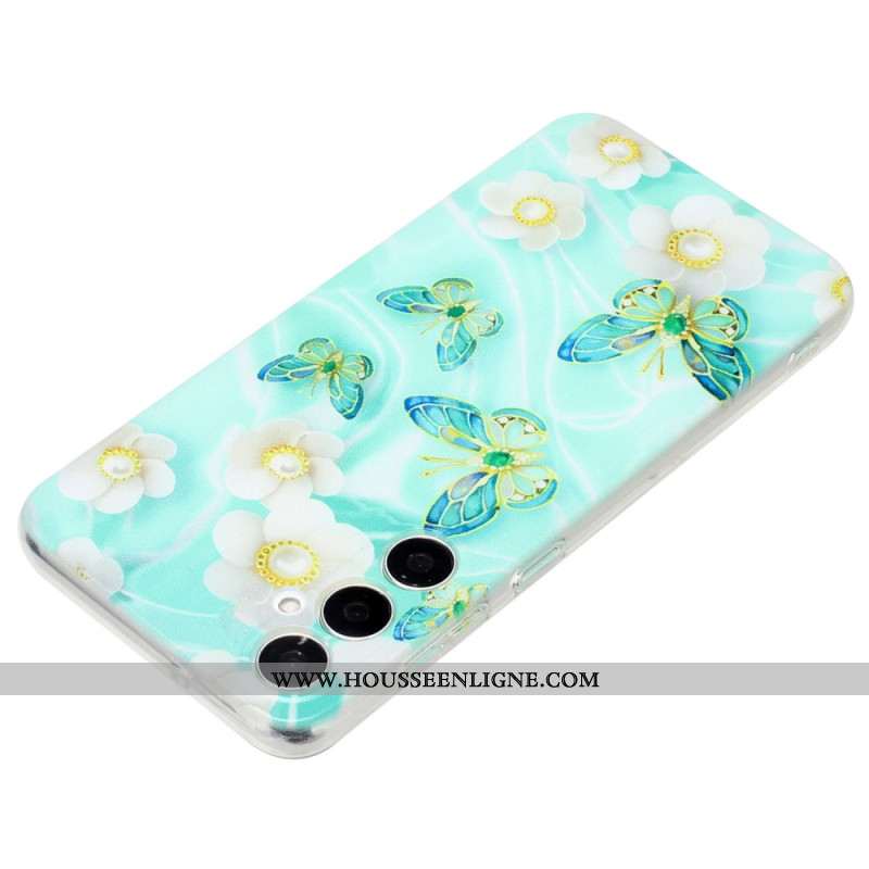 Coque Samsung Galaxy S24 FE Fleurs Blanches et Papillons Verts