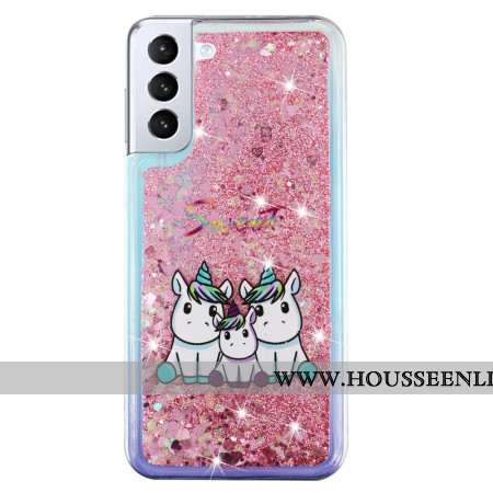 Coque Samsung Galaxy S24 Plus 5G Liquide Paillettes Trois Licornes