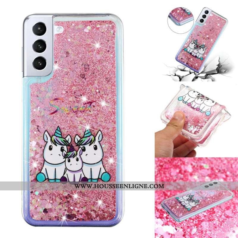 Coque Samsung Galaxy S24 Plus 5G Liquide Paillettes Trois Licornes