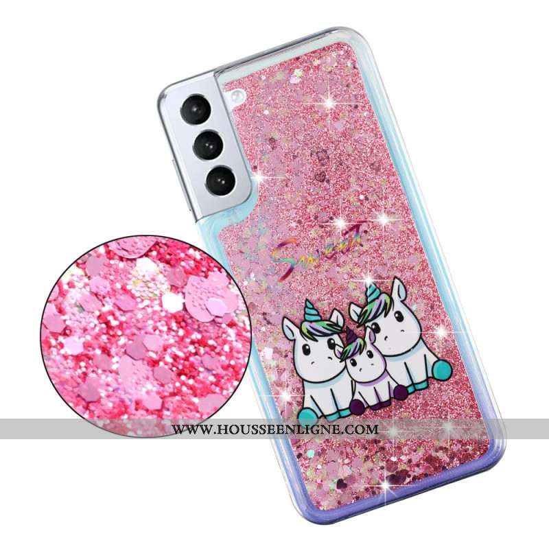 Coque Samsung Galaxy S24 Plus 5G Liquide Paillettes Trois Licornes