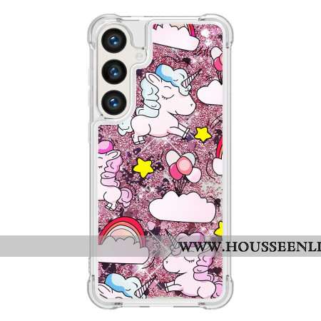 Coque Samsung Galaxy S24 Plus 5G Paillettes Liquides Licornes et Nuages