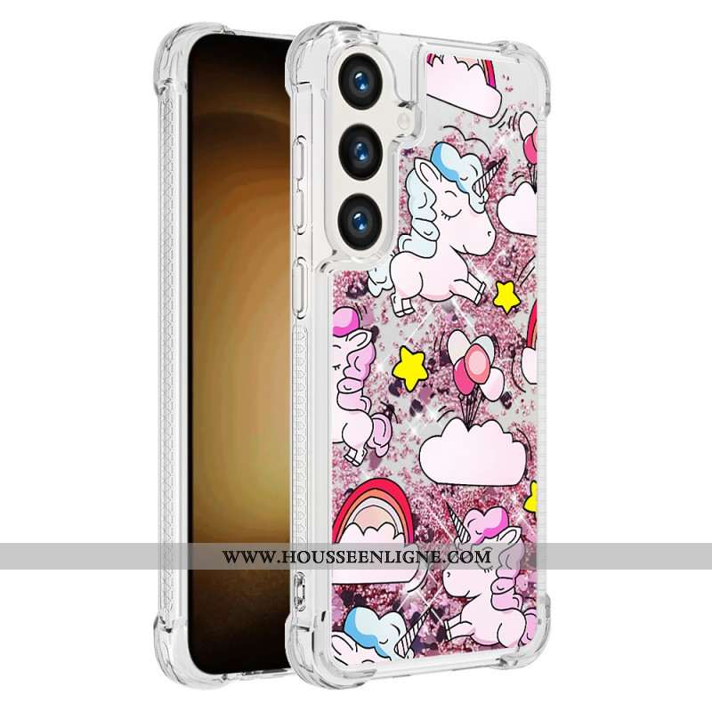 Coque Samsung Galaxy S24 Plus 5G Paillettes Liquides Licornes et Nuages