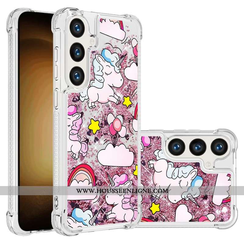 Coque Samsung Galaxy S24 Plus 5G Paillettes Liquides Licornes et Nuages