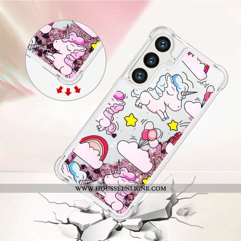 Coque Samsung Galaxy S24 Plus 5G Paillettes Liquides Licornes et Nuages