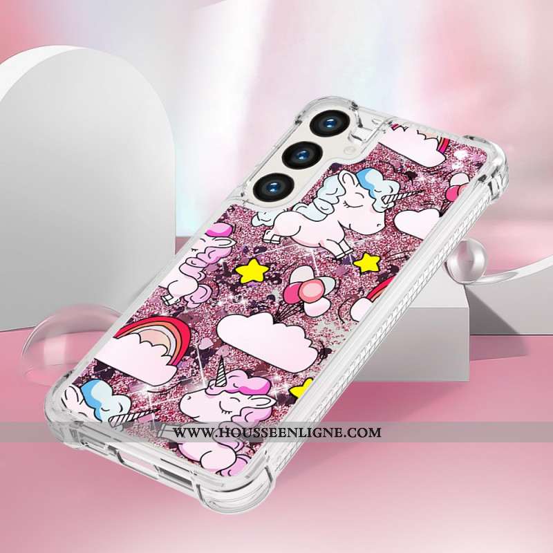 Coque Samsung Galaxy S24 Plus 5G Paillettes Liquides Licornes et Nuages