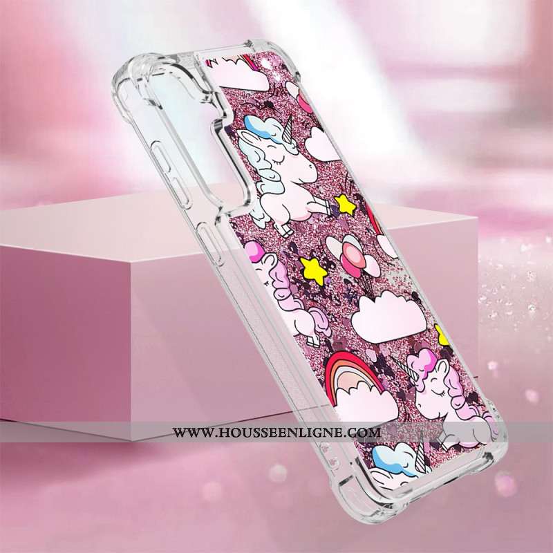 Coque Samsung Galaxy S24 Plus 5G Paillettes Liquides Licornes et Nuages