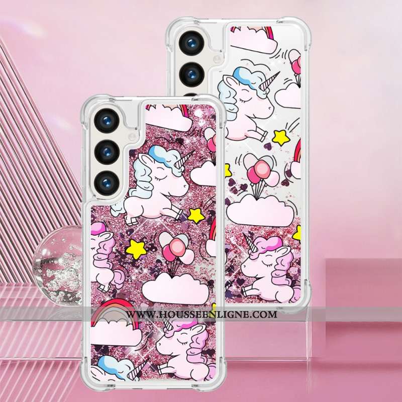 Coque Samsung Galaxy S24 Plus 5G Paillettes Liquides Licornes et Nuages