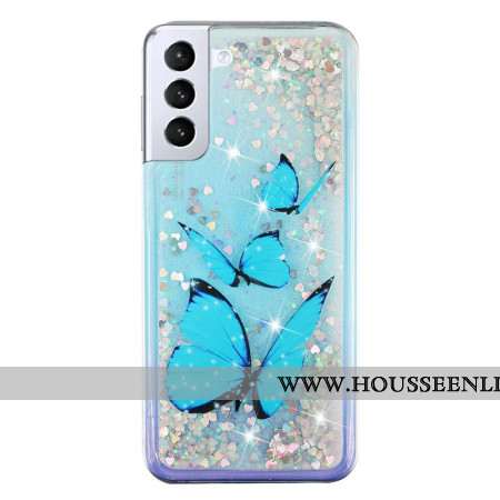 Coque Samsung Galaxy S24 Plus 5G Paillettes Liquides Papillons Bleus