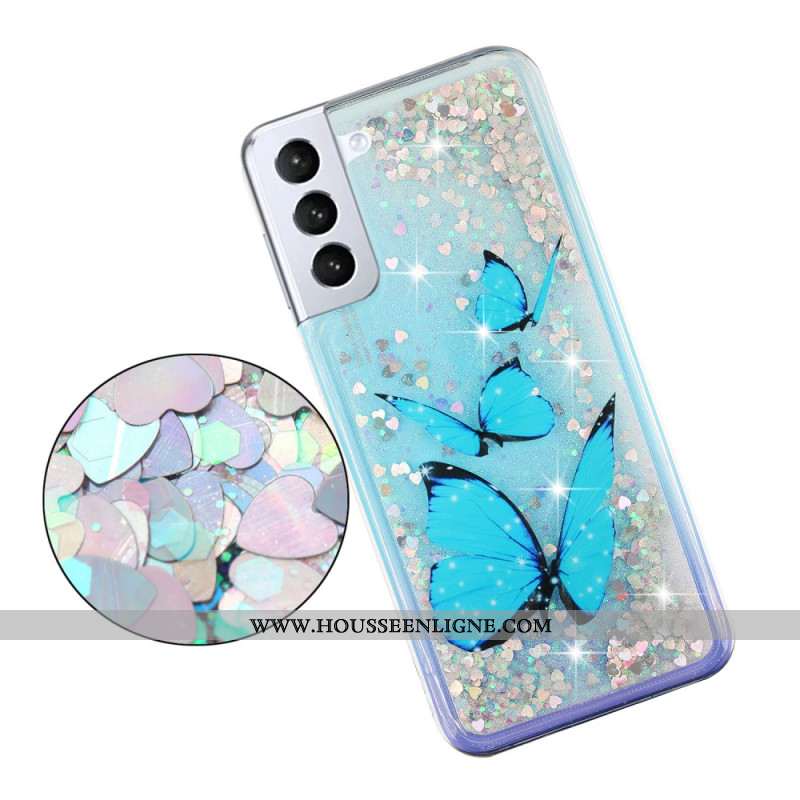 Coque Samsung Galaxy S24 Plus 5G Paillettes Liquides Papillons Bleus