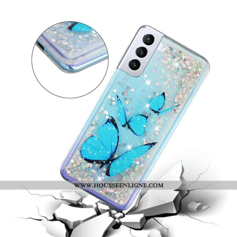 Coque Samsung Galaxy S24 Plus 5G Paillettes Liquides Papillons Bleus