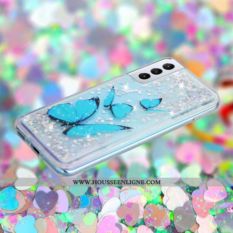 Coque Samsung Galaxy S24 Plus 5G Paillettes Liquides Papillons Bleus