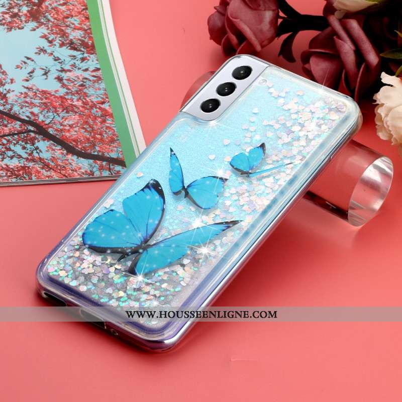 Coque Samsung Galaxy S24 Plus 5G Paillettes Liquides Papillons Bleus