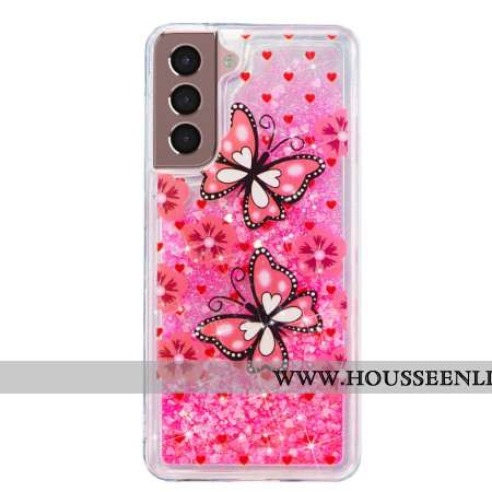 Coque Samsung Galaxy S24 Plus 5G Paillettes Liquides Papillons Rouges