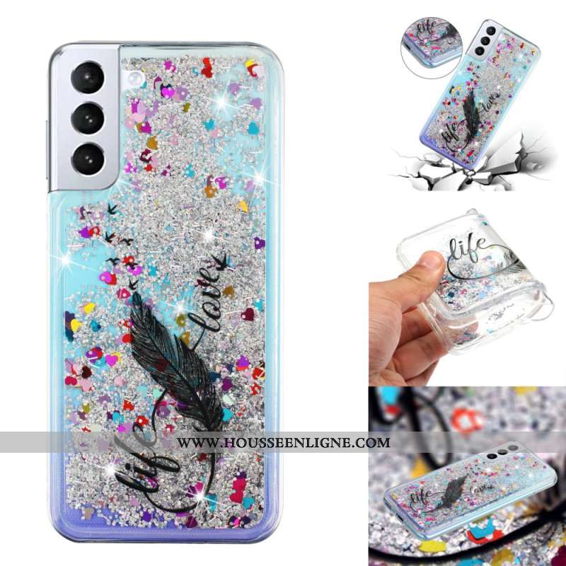 Coque Samsung Galaxy S24 Plus 5G Paillettes Liquides et Plumes