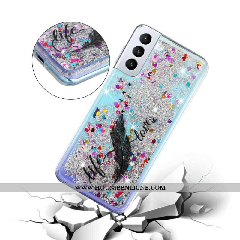 Coque Samsung Galaxy S24 Plus 5G Paillettes Liquides et Plumes