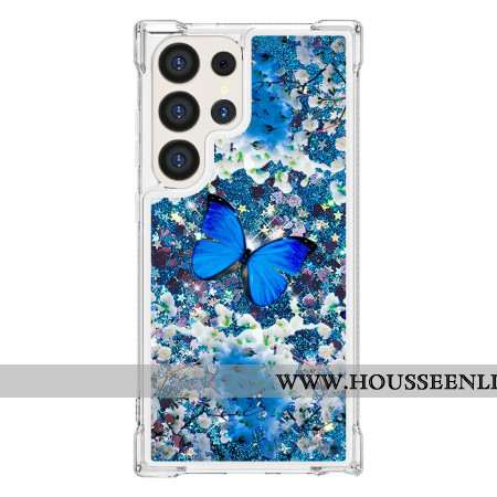 Coque Samsung Galaxy S24 Ultra 5G Paillettes Papillon Bleu