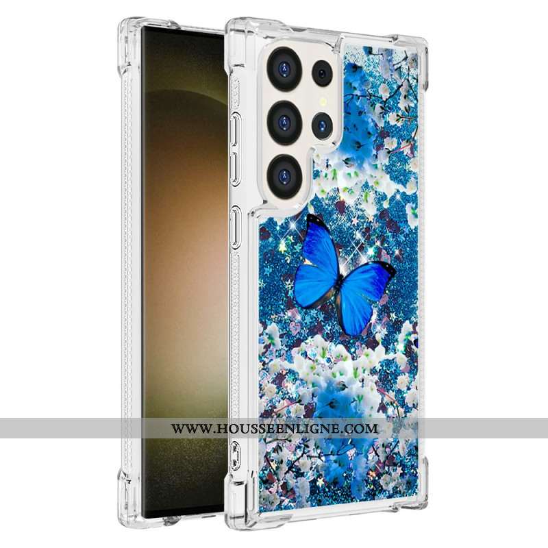 Coque Samsung Galaxy S24 Ultra 5G Paillettes Papillon Bleu