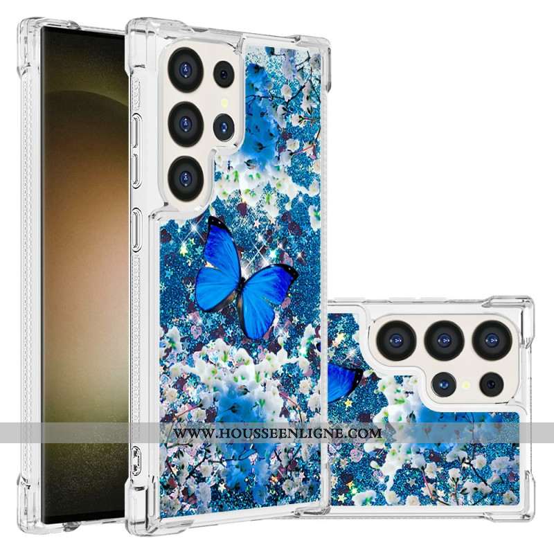 Coque Samsung Galaxy S24 Ultra 5G Paillettes Papillon Bleu