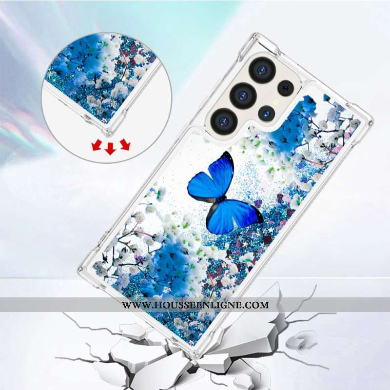 Coque Samsung Galaxy S24 Ultra 5G Paillettes Papillon Bleu