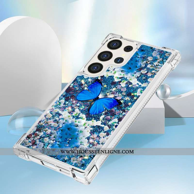 Coque Samsung Galaxy S24 Ultra 5G Paillettes Papillon Bleu