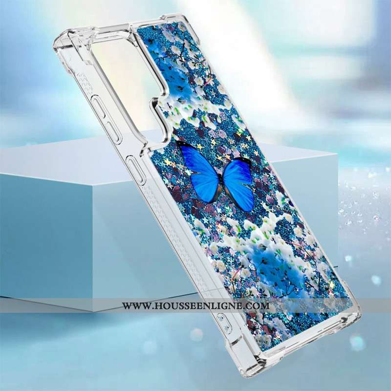 Coque Samsung Galaxy S24 Ultra 5G Paillettes Papillon Bleu