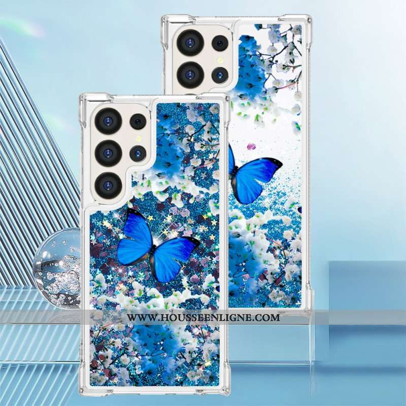 Coque Samsung Galaxy S24 Ultra 5G Paillettes Papillon Bleu