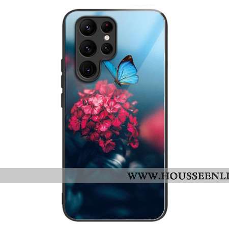 Coque Samsung Galaxy S24 Ultra 5G Verre Trempé Fleur et Papillons