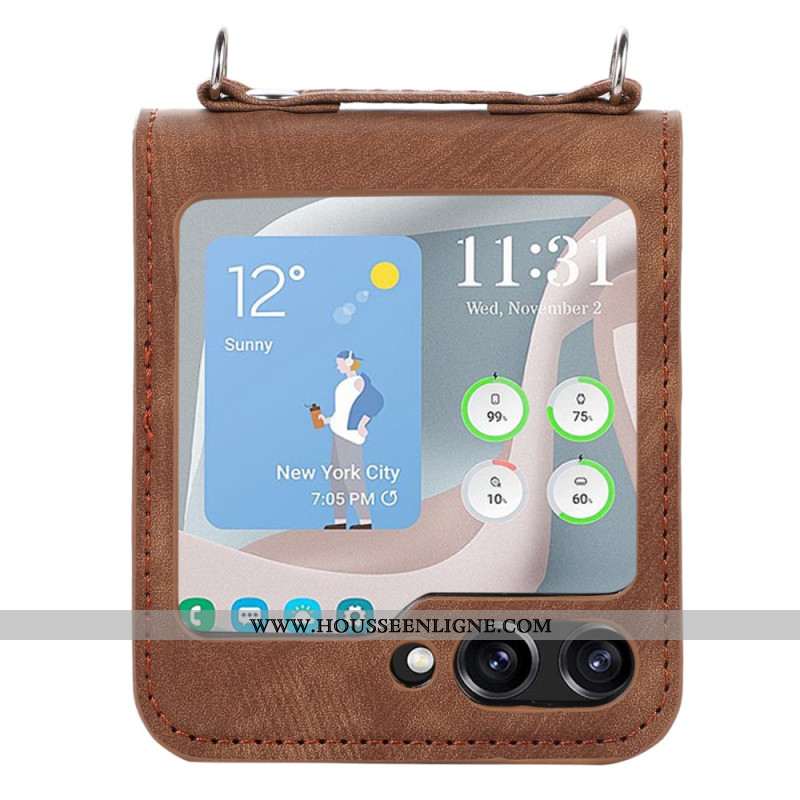 Coque Samsung Galaxy Z Flip 5 Style Cuir Porte-Cartes et Bandoulière