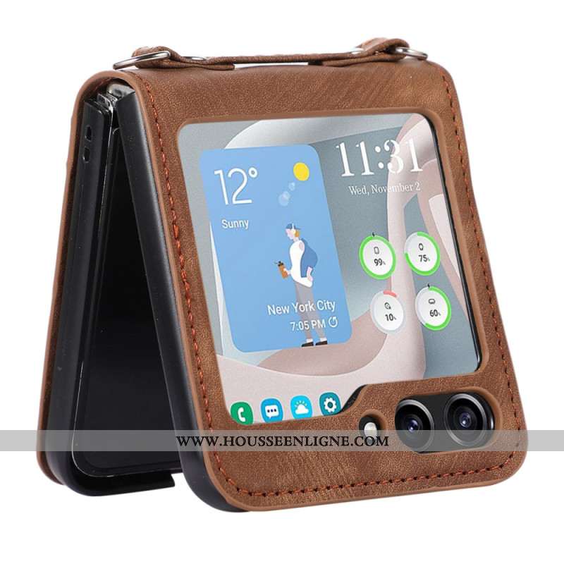 Coque Samsung Galaxy Z Flip 5 Style Cuir Porte-Cartes et Bandoulière