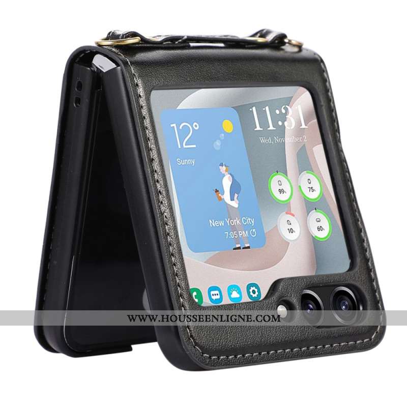 Coque Samsung Galaxy Z Flip 5 Style Cuir Porte-Cartes et Bandoulière