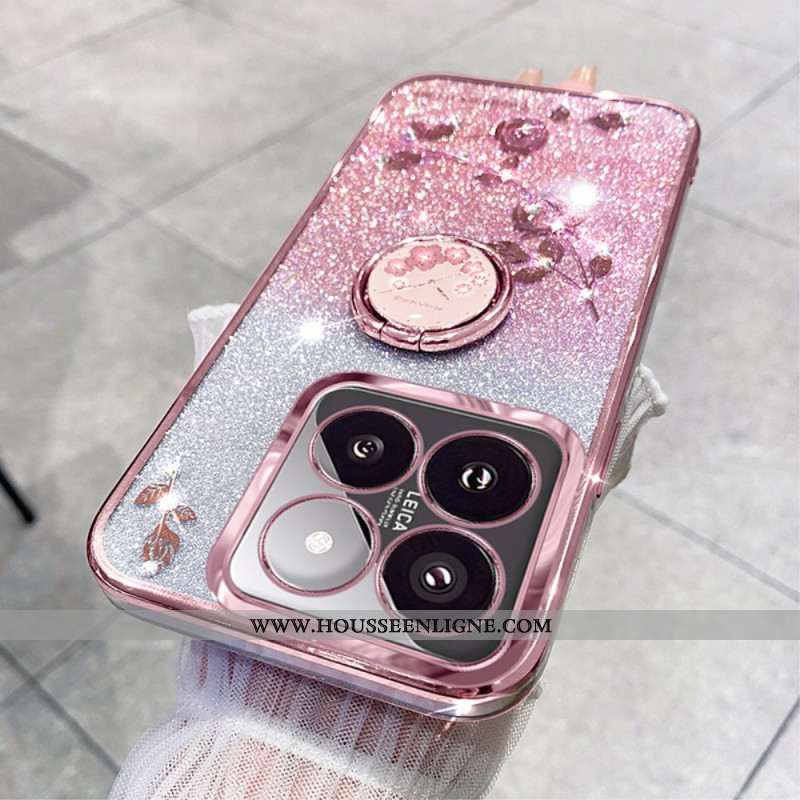 Coque Xiaomi 14T Pro Anneau-Support Strass et Fleurs KADEM