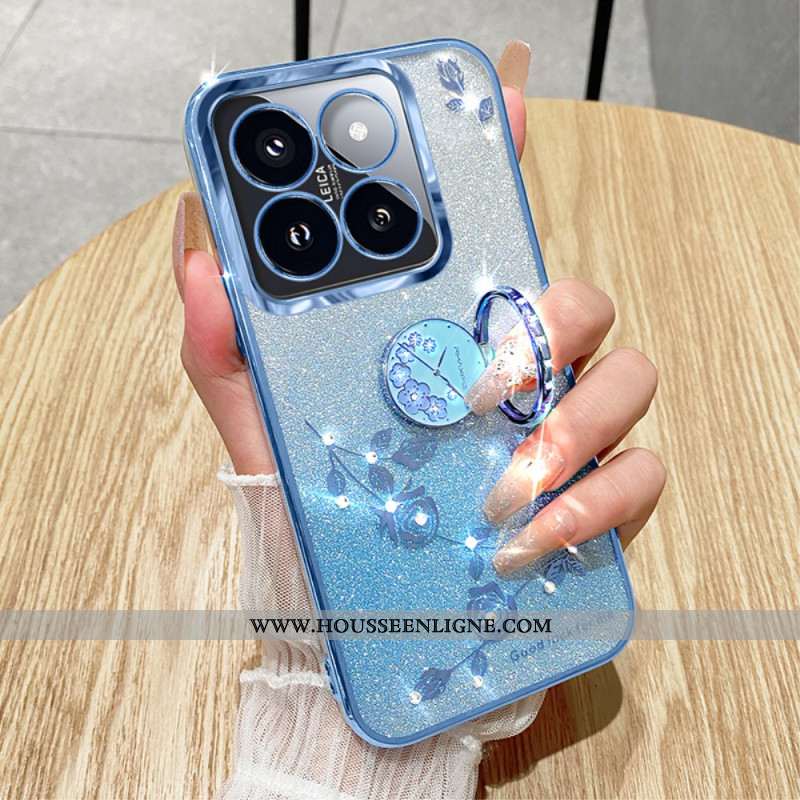 Coque Xiaomi 14T Pro Anneau-Support Strass et Fleurs KADEM