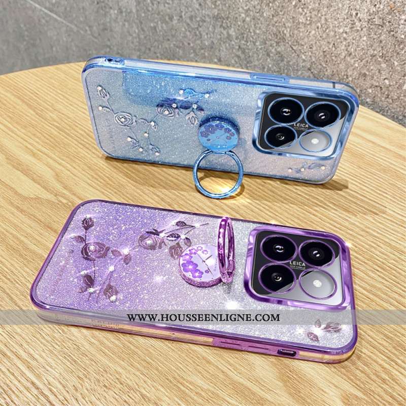 Coque Xiaomi 14T Pro Anneau-Support Strass et Fleurs KADEM