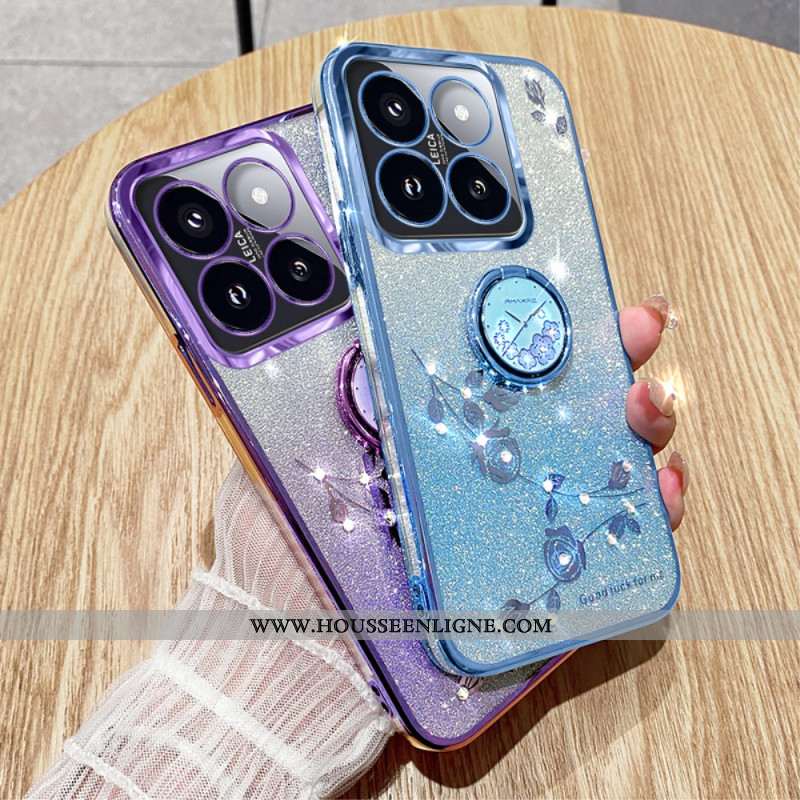 Coque Xiaomi 14T Pro Anneau-Support Strass et Fleurs KADEM