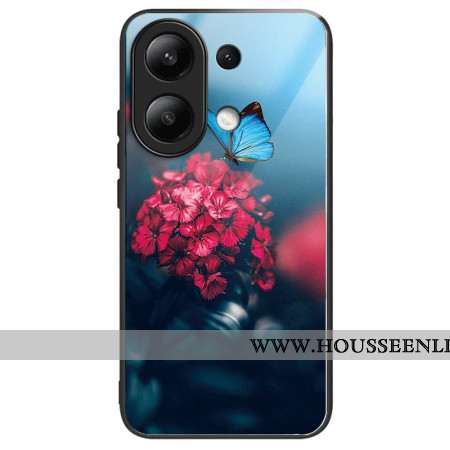 Coque Xiaomi Redmi Note 13 4G Verre Trempé Fleurs Rouges et Papillons