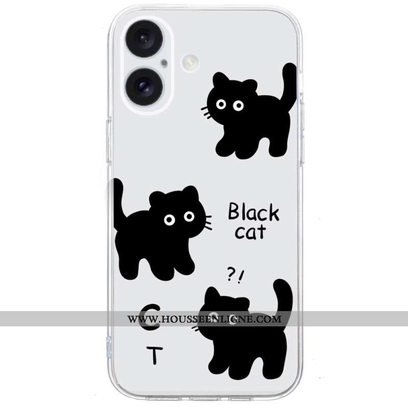 Coque iPhone 16 Bord Transparent Chats Noirs