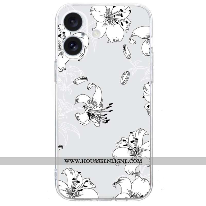 Coque iPhone 16 Bord Transparent Fleurs Blanches