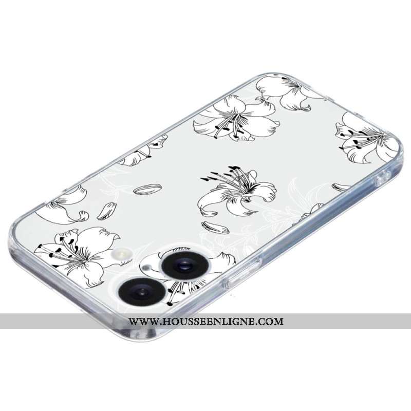 Coque iPhone 16 Bord Transparent Fleurs Blanches